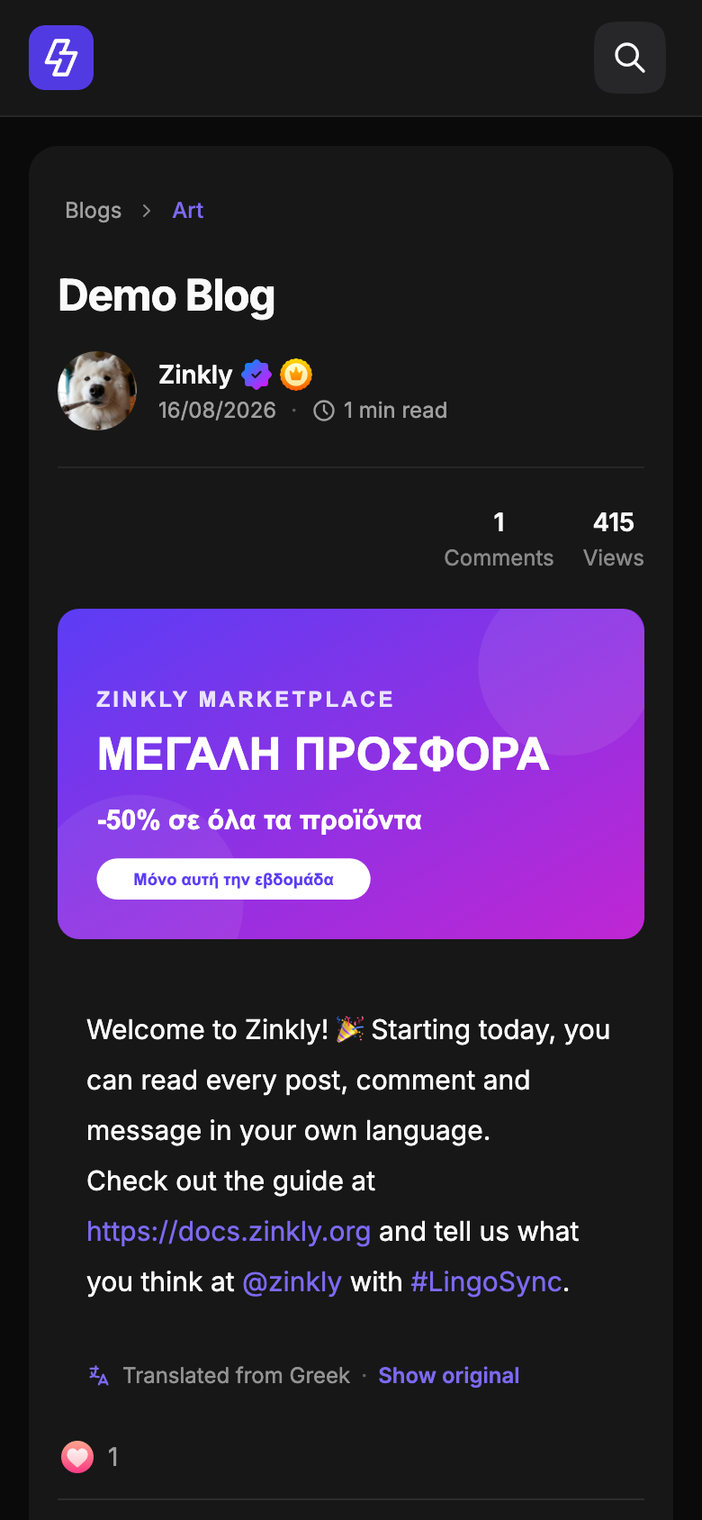 A translated post in dark mode on a phone