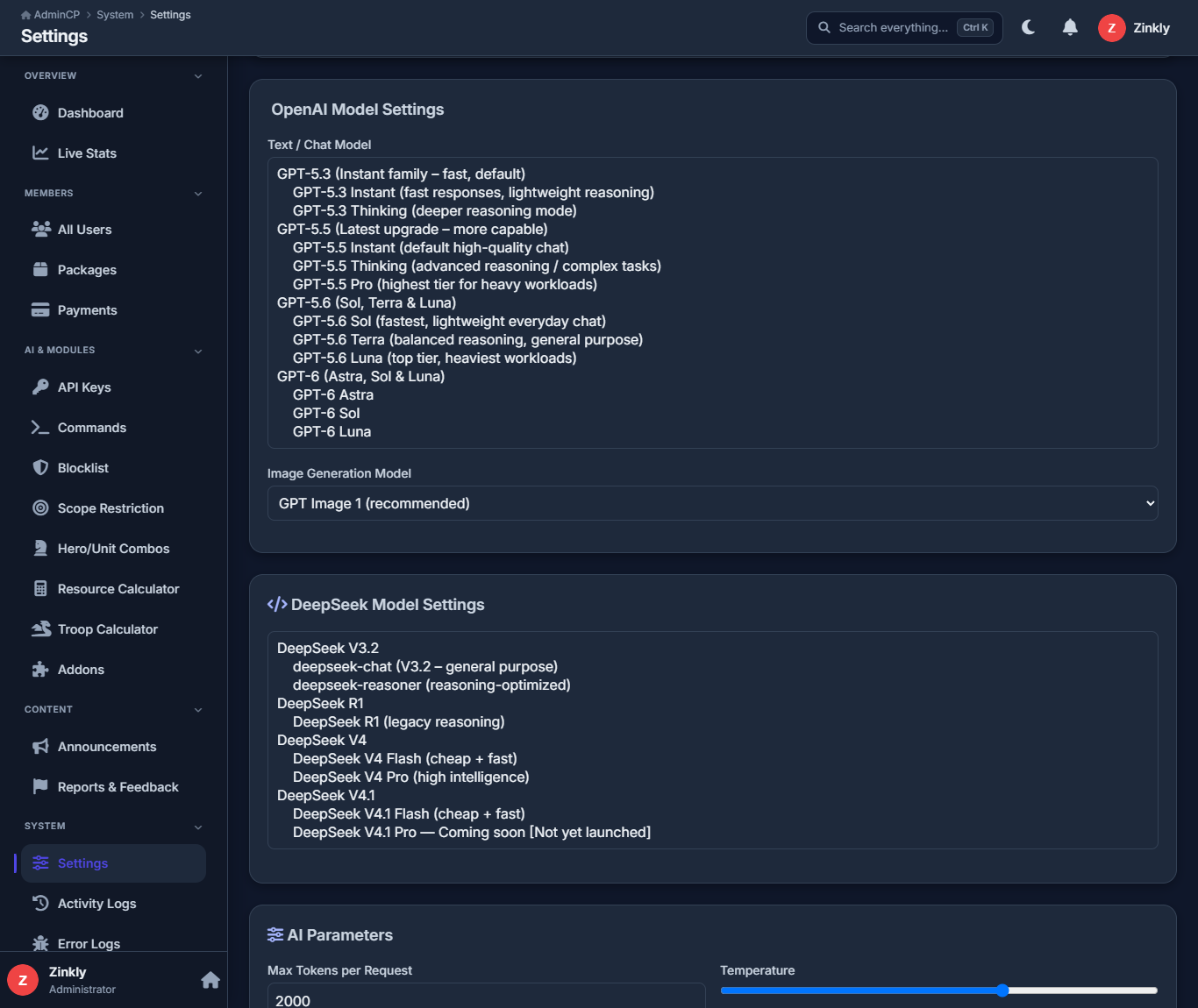 AI Configuration - OpenAI and DeepSeek model lists