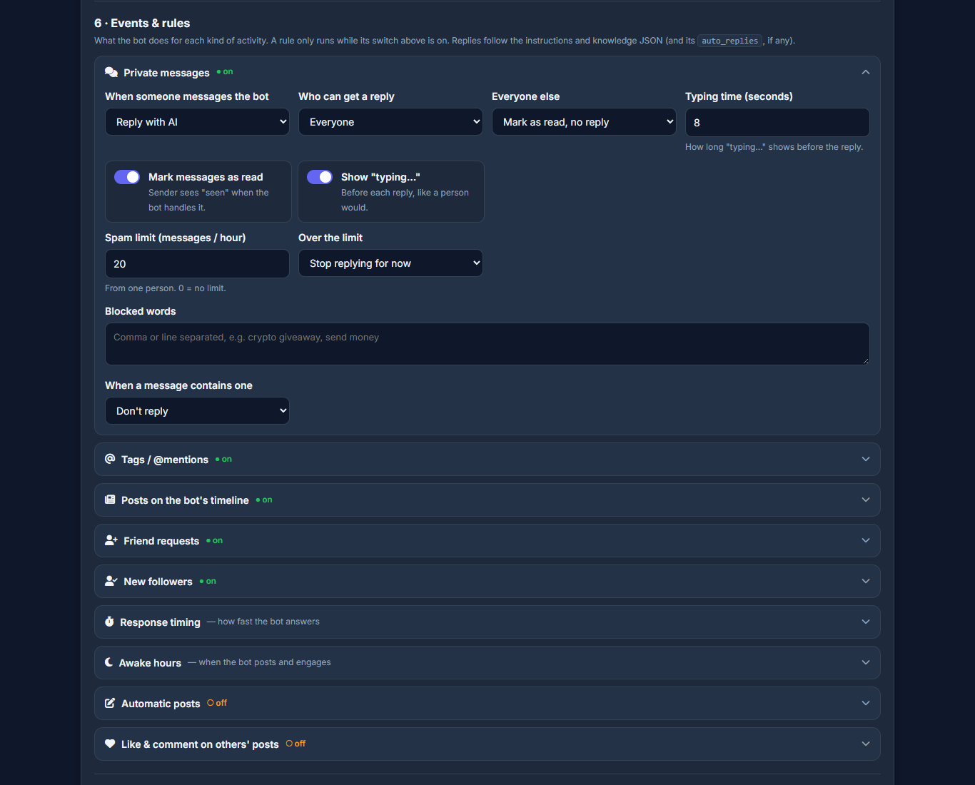 Events and rules - private messages