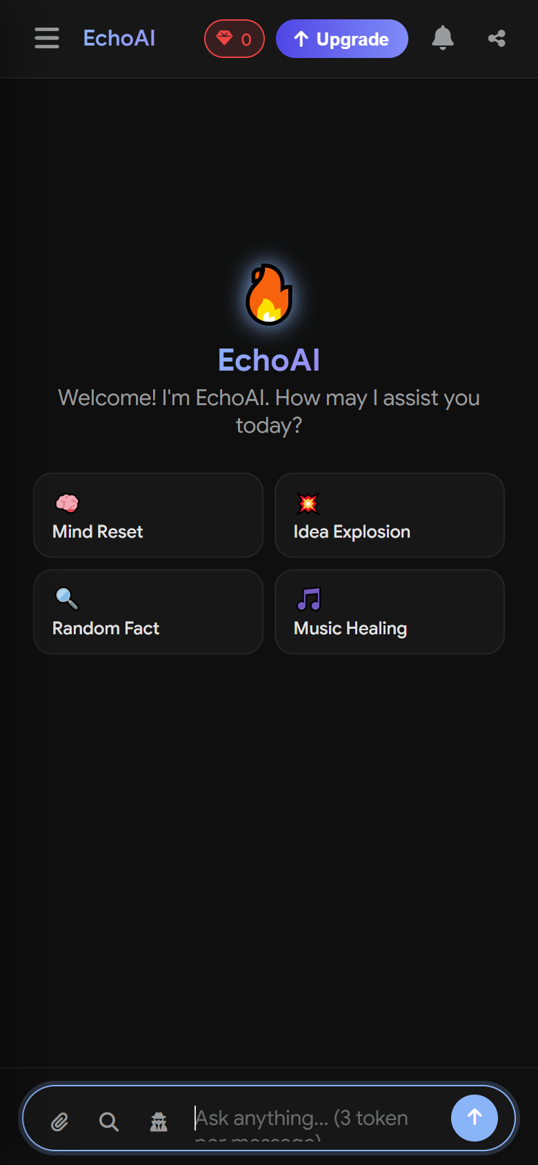 EchoAI on a phone: new chat with quick actions