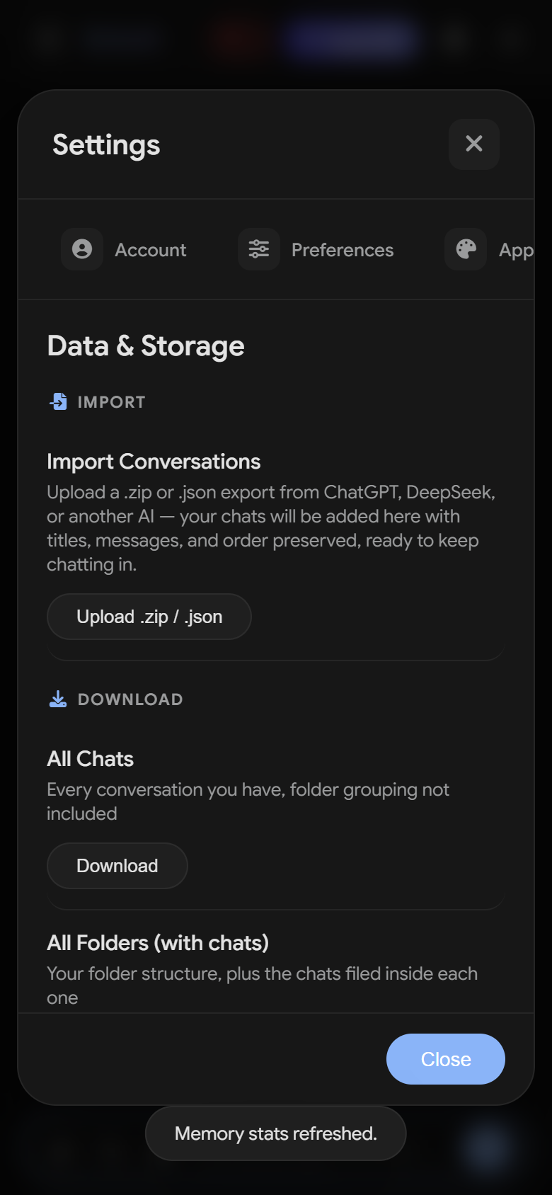 Settings - Data and Storage - Import Conversations